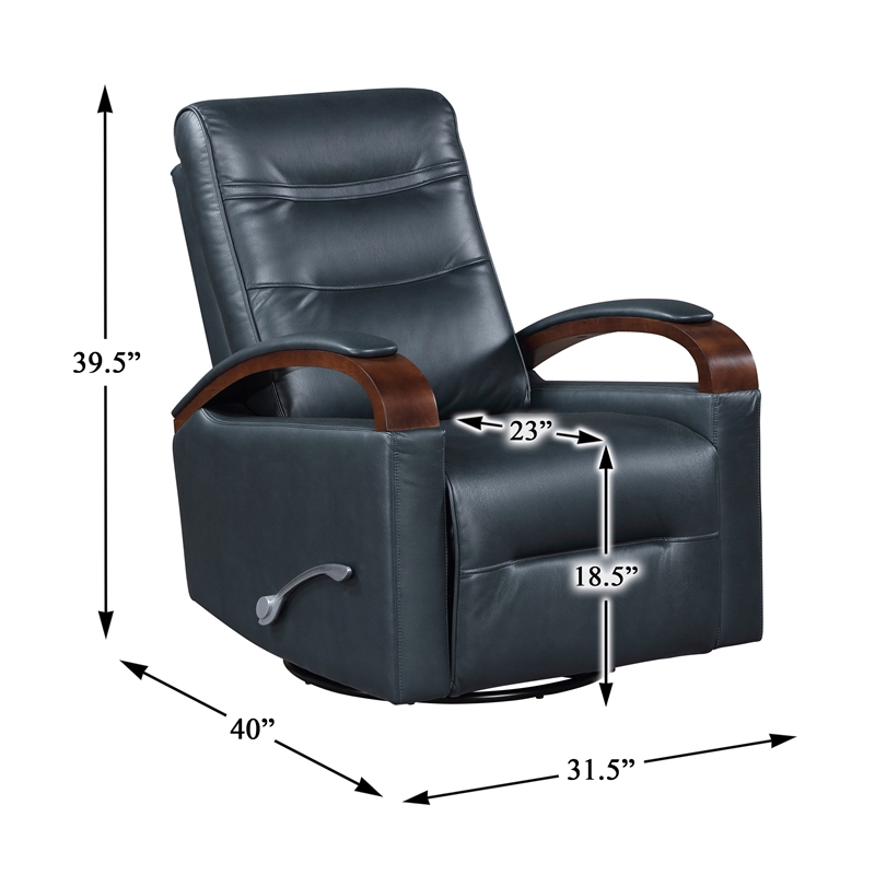 Pemberly Row Faux Leather Swivel Glider Recliner with Wood Arms in Dark Blue