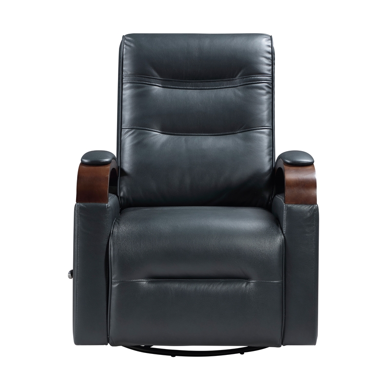 Pemberly Row Faux Leather Swivel Glider Recliner with Wood Arms in Dark Blue
