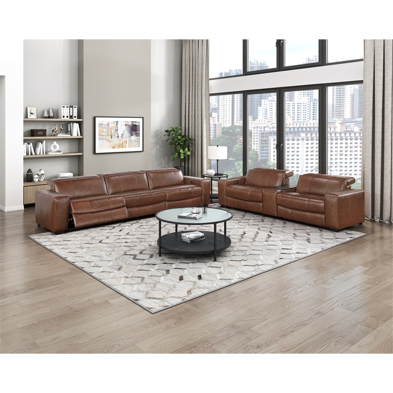Pemberly Row Top Grain Leather Power Reclining Sofa Wall Hugger USB in Brown