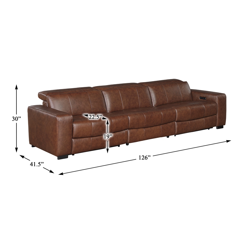 Pemberly Row Top Grain Leather Power Reclining Sofa Wall Hugger USB in Brown