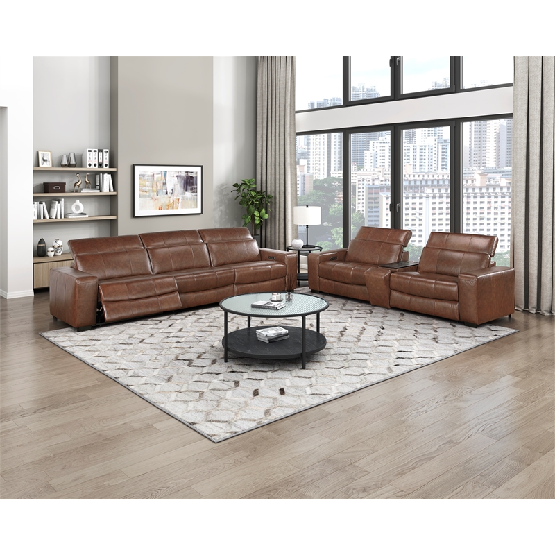 Pemberly Row Top Grain Leather Power Reclining Sofa Wall Hugger USB in Brown