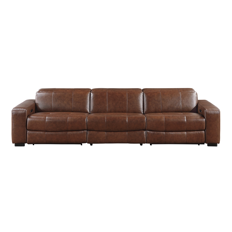 Pemberly Row Top Grain Leather Power Reclining Sofa Wall Hugger USB in Brown