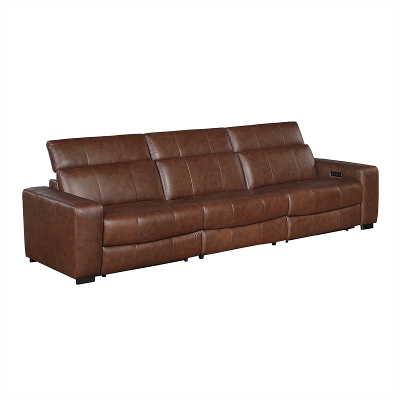 Pemberly Row Top Grain Leather Power Reclining Sofa Wall Hugger USB in Brown