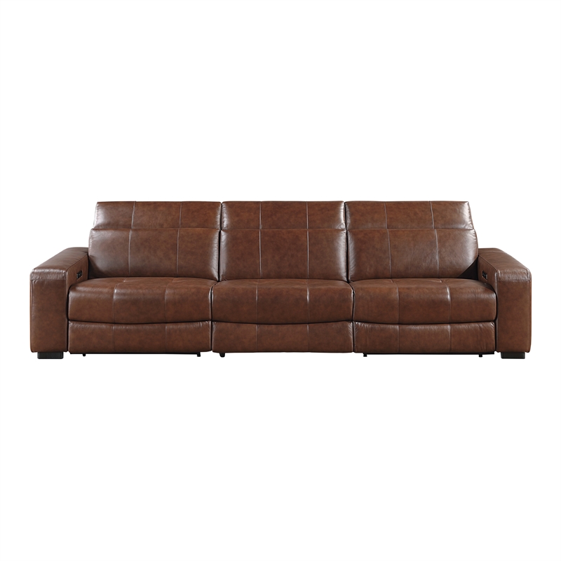 Pemberly Row Top Grain Leather Power Reclining Sofa Wall Hugger USB in Brown