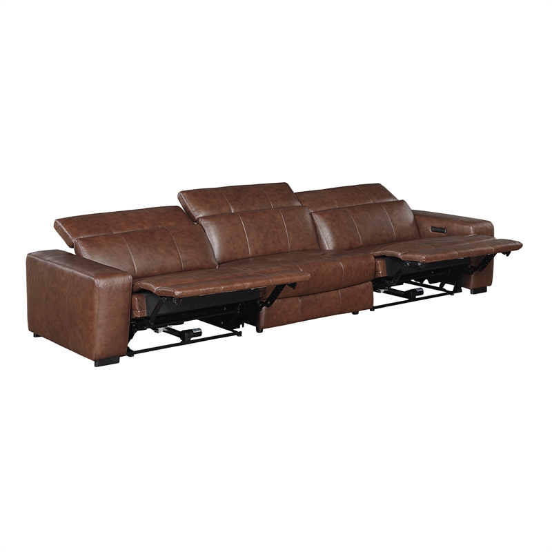 Pemberly Row Top Grain Leather Power Reclining Sofa Wall Hugger USB in Brown