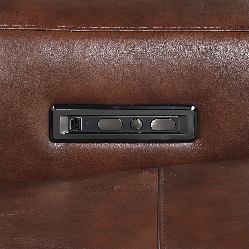 Pemberly Row Top Grain Leather Power Reclining Sofa Wall Hugger USB in Brown