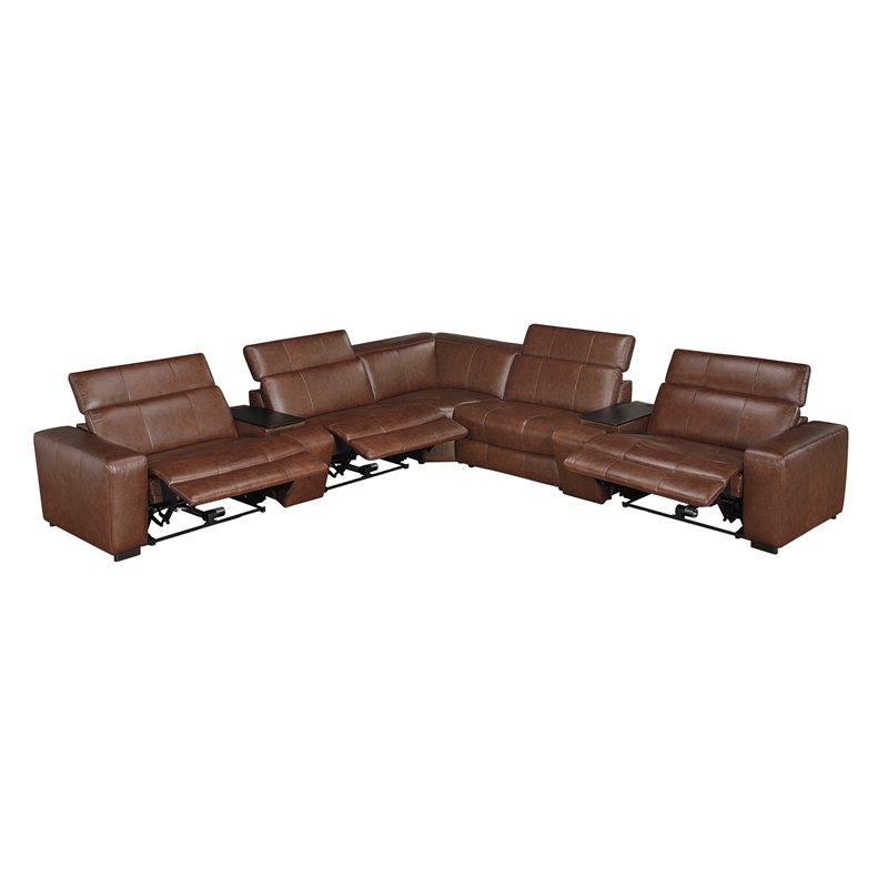 Pemberly Row Top Grain Leather 7-Piece Modular Power Sectional USB in Brown