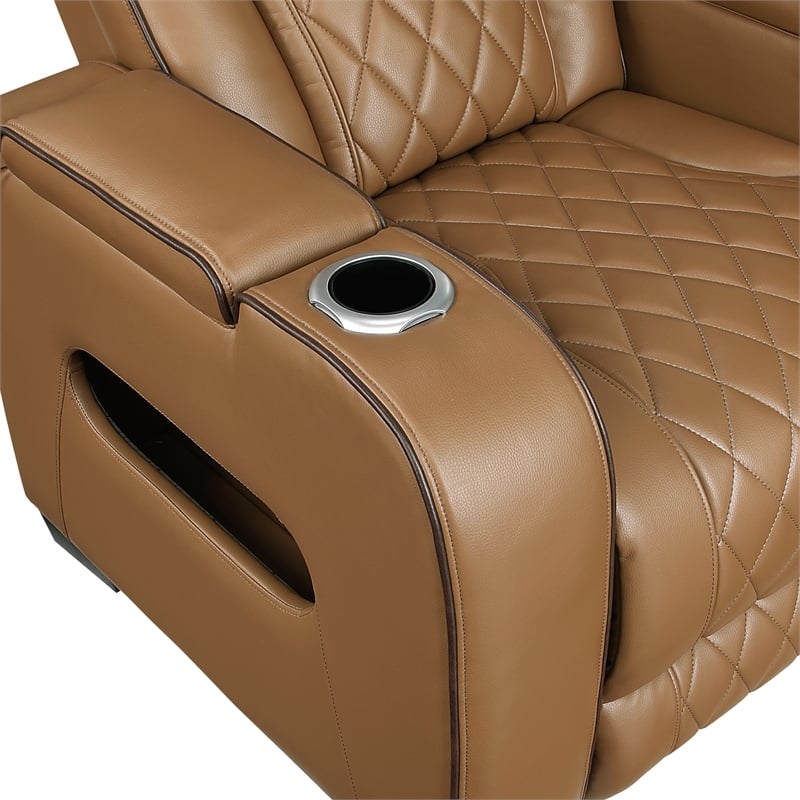 Pemberly Row Faux Leather Power Reclining Loveseat with LED and USB in Brown
