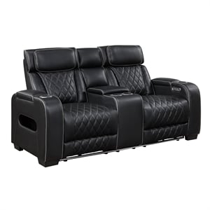 Pemberly Row Faux Leather Power Reclining Loveseat LED USB Console in Black
