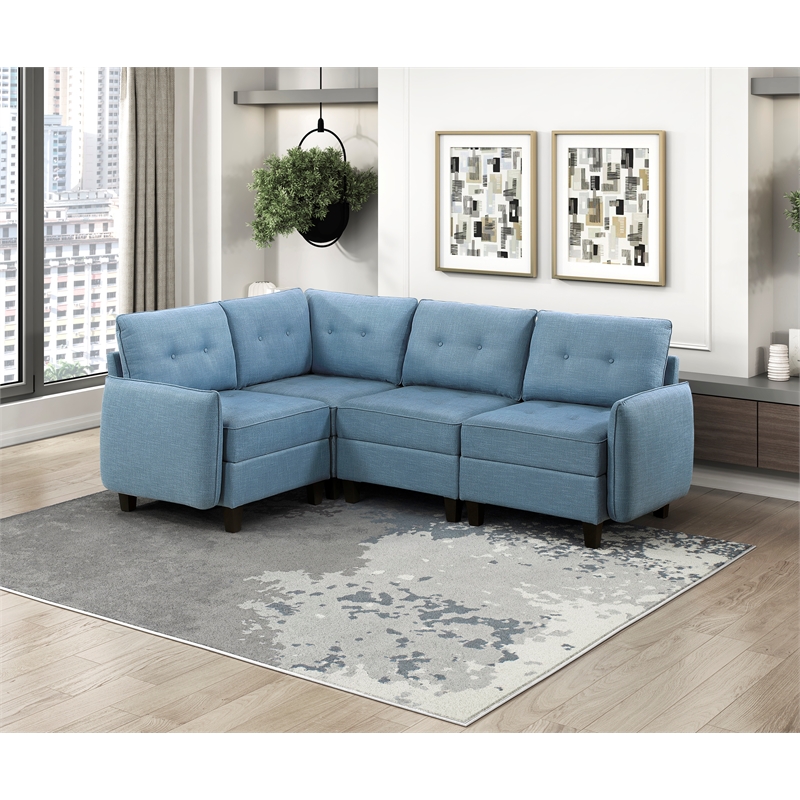 Pemberly Row Textured 4-Piece Modular Sectional Hidden Storage Tufted in Blue