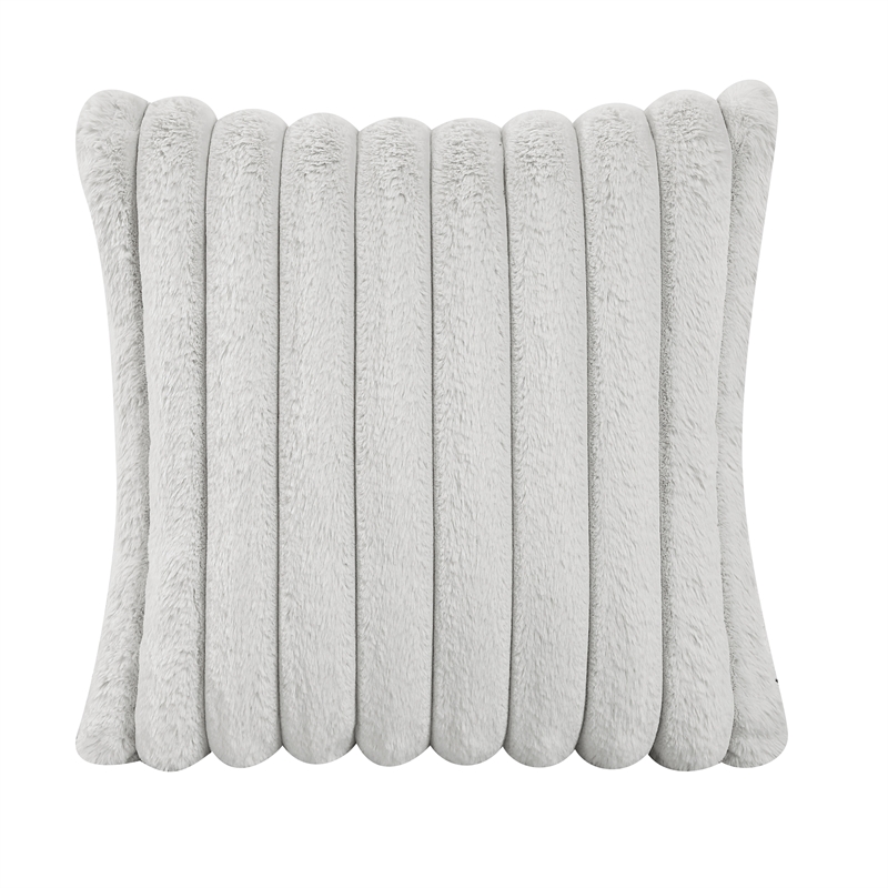 Pemberly Row Microfiber Sofa Channel Tufted with Decor Pillows in Light Gray