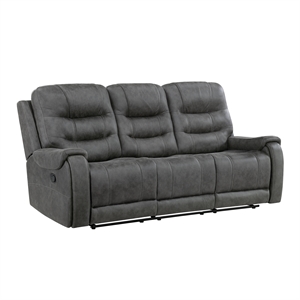 Pemberly Row Microfiber Double Reclining Sofa with Tab Pull Motion in Dark Gray