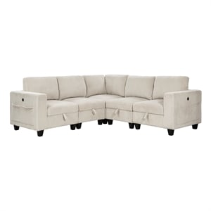 Pemberly Row Corduroy 5-Piece Modular Sectional USB Charging Storage in Beige