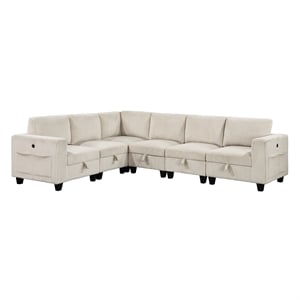Pemberly Row Corduroy 6-Piece Modular Sectional USB Charging Storage in Beige