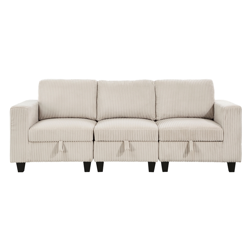 Pemberly Row Corduroy Sofa with USB Charging and Pull-Out Storage in Beige