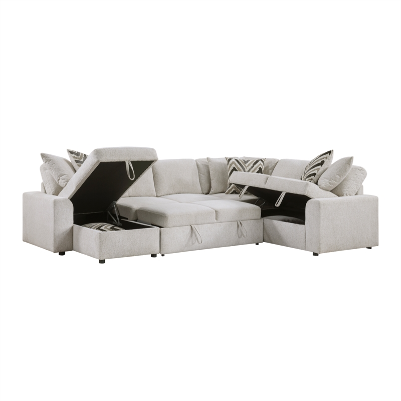 Pemberly Row Chenille 3-Piece Sectional with Pull-Out Bed in Beige