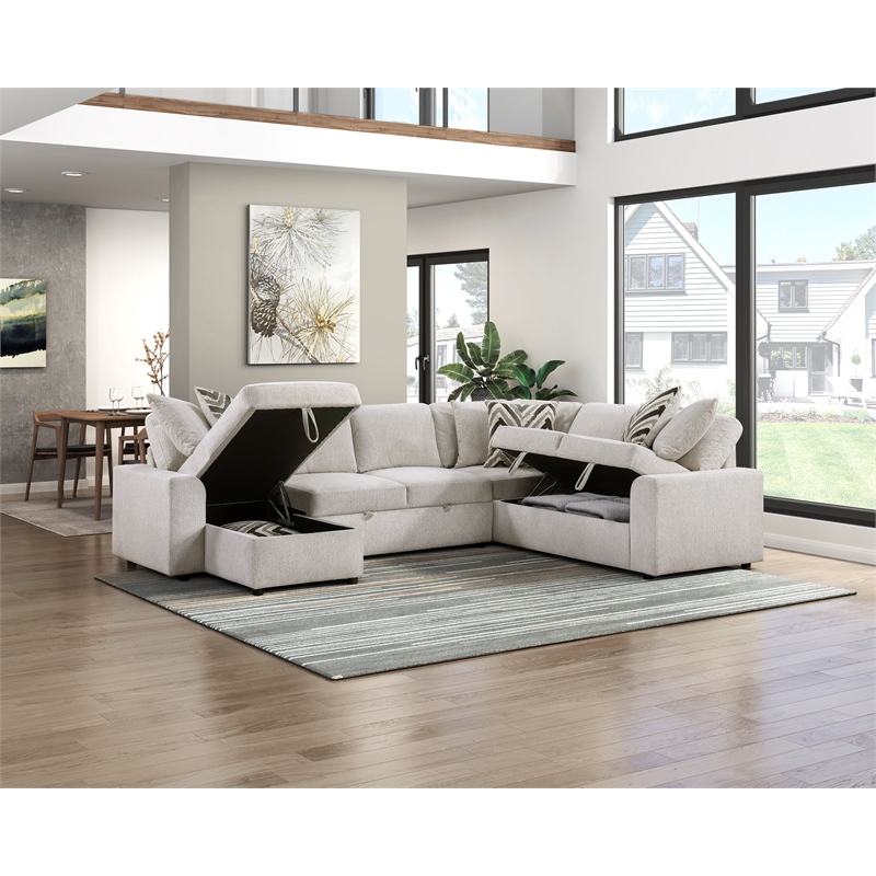 Pemberly Row Chenille 3-Piece Sectional with Pull-Out Bed in Beige