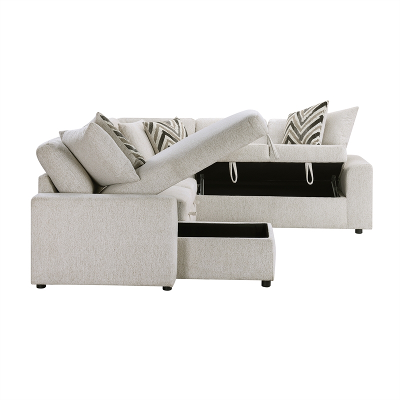 Pemberly Row Chenille 3-Piece Sectional with Pull-Out Bed in Beige