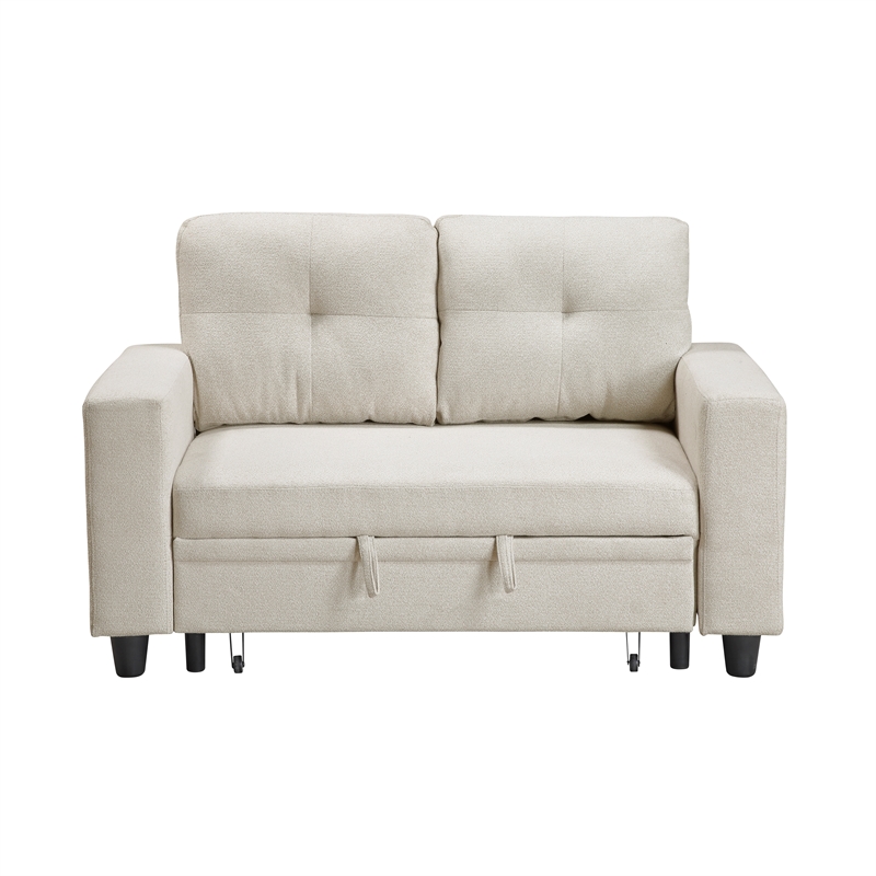 Pemberly Row Boucle Convertible Love Seat with Pull-Out Bed in Beige