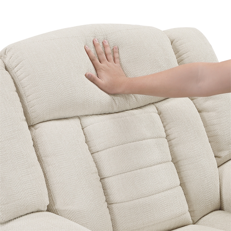 Pemberly Row Chenille Double Reclining 3-Seat Sofa with Cup Holders in Beige