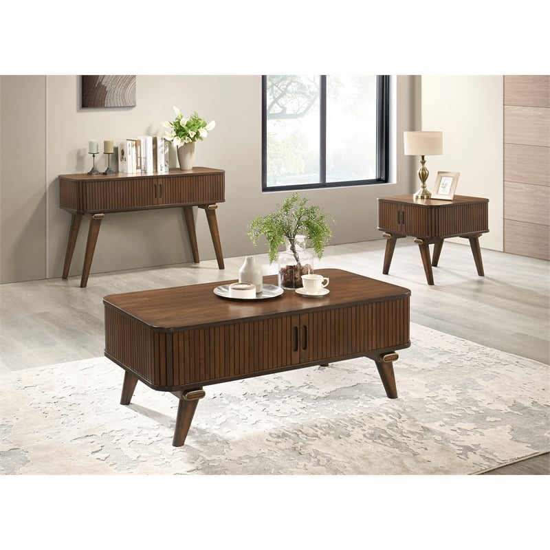 Pemberly Row Walnut Veneer Cocktail Table with Tambour Door Storage