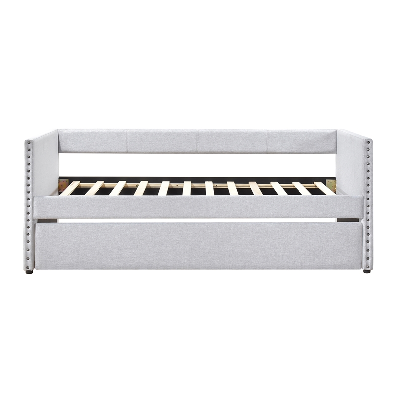 Pemberly Row Textured Fabric Daybed with Pull-Out Trundle in Light Gray