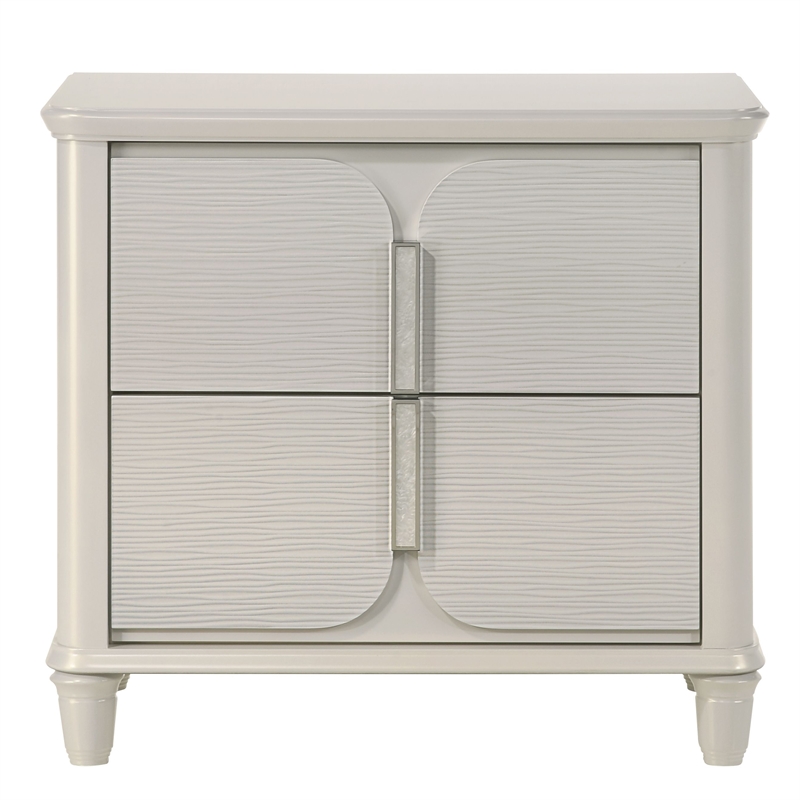 Pemberly Row Bedroom Set of Queen Bed, Mirror, 6-Drawer Dresser, & 2 Nightstands in Pearl White