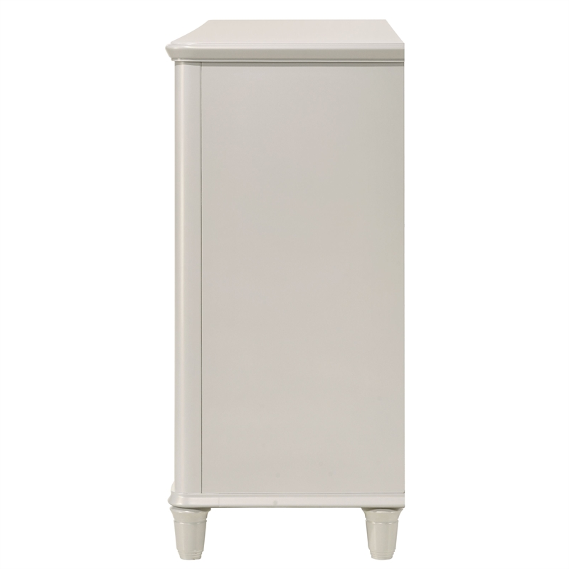 Pemberly Row Bedroom Set of Queen Bed, Mirror, 6-Drawer Dresser, & 2 Nightstands in Pearl White