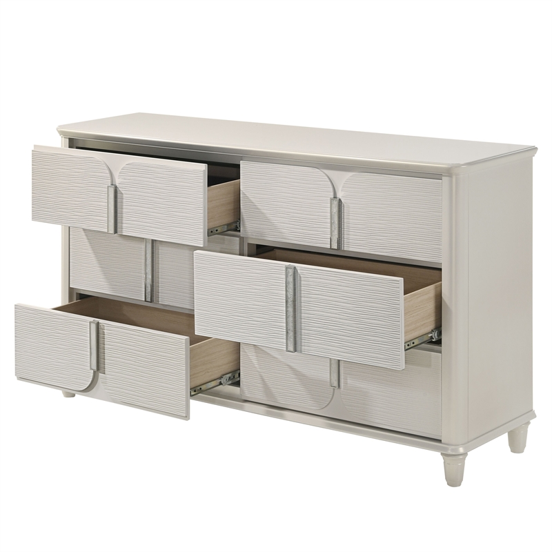 Pemberly Row Bedroom Set of Queen Bed, Mirror, 6-Drawer Dresser, & 2 Nightstands in Pearl White