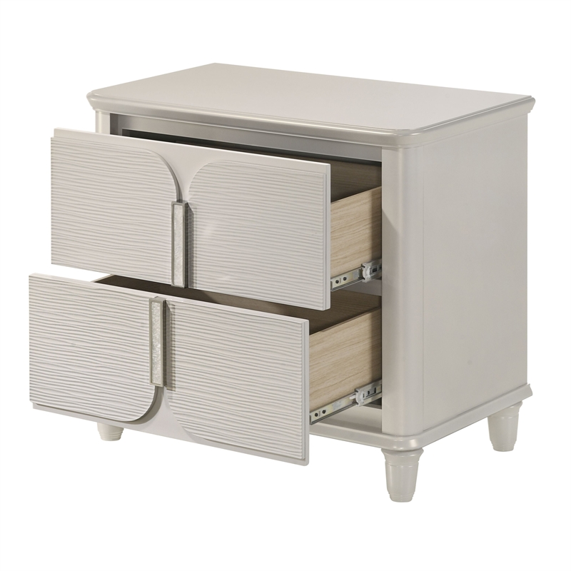 Pemberly Row Bedroom Set of Queen Bed, Mirror, 6-Drawer Dresser, & 2 Nightstands in Pearl White