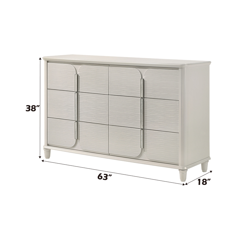 Pemberly Row Bedroom Set of Queen Bed, Mirror, 6-Drawer Dresser, & 2 Nightstands in Pearl White