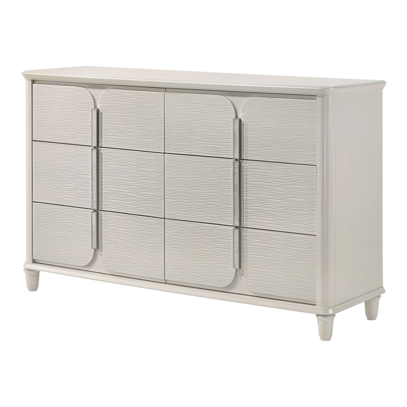 Pemberly Row Bedroom Set of Queen Bed, Mirror, 6-Drawer Dresser, & 2 Nightstands in Pearl White