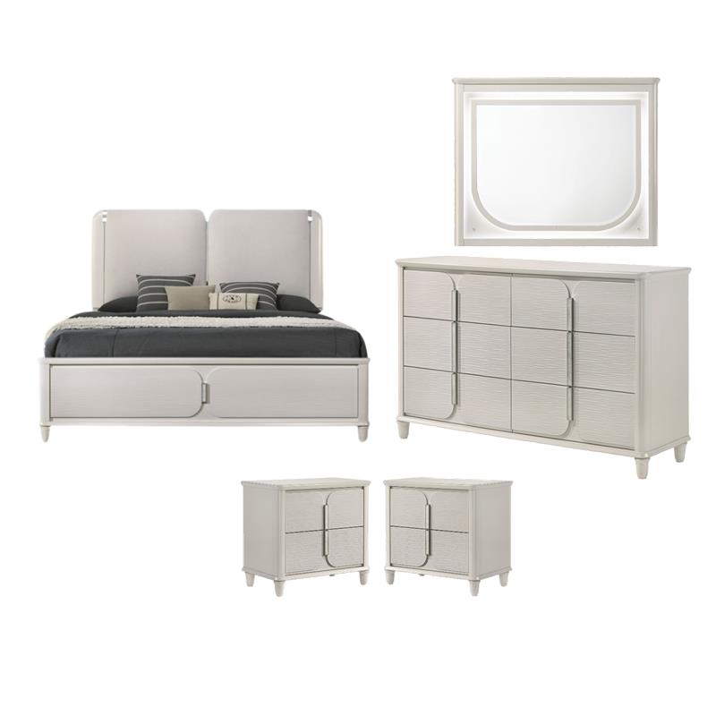 Pemberly Row Bedroom Set of Queen Bed, Mirror, 6-Drawer Dresser, & 2 Nightstands in Pearl White