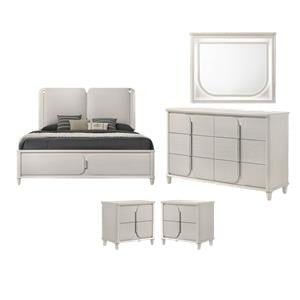 Pemberly Row Bedroom Set of Queen Bed, Mirror, 6-Drawer Dresser, & 2 Nightstands in Pearl White
