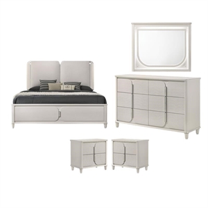 Pemberly Row Bedroom Set with King Bed, 2 Nightstands, Dresser, and Mirror in Pearl White Finish