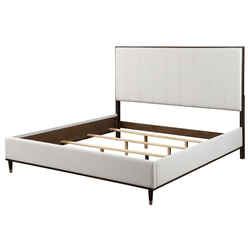 Pemberly Row Bedroom Set of 2 Nightstands, Mirror, Dresser, and King Bed in White/Brown
