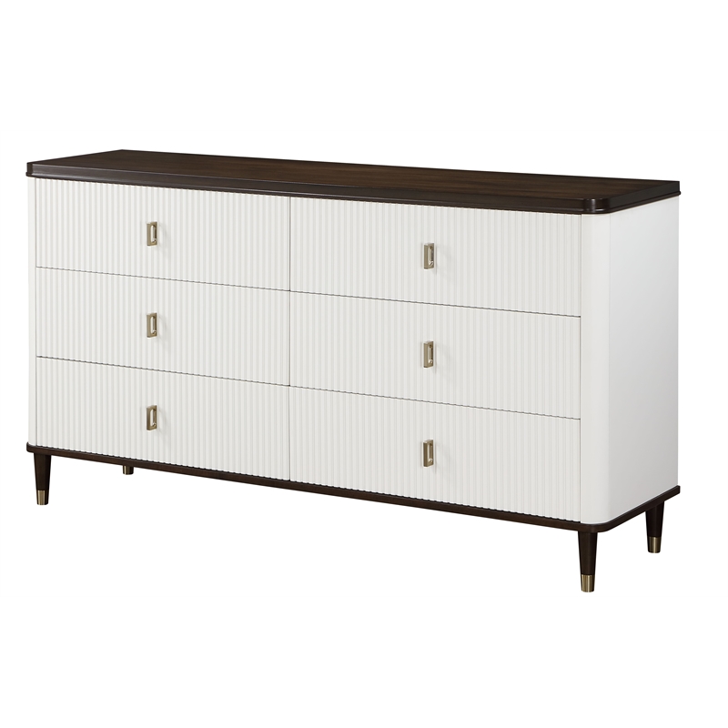 Pemberly Row Bedroom Set of 2 Nightstands, Mirror, Dresser, and King Bed in White/Brown