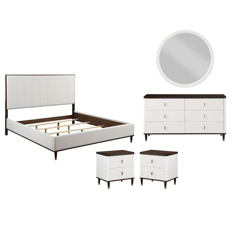 Pemberly Row Bedroom Set of 2 Nightstands, Mirror, Dresser, and King Bed in White/Brown
