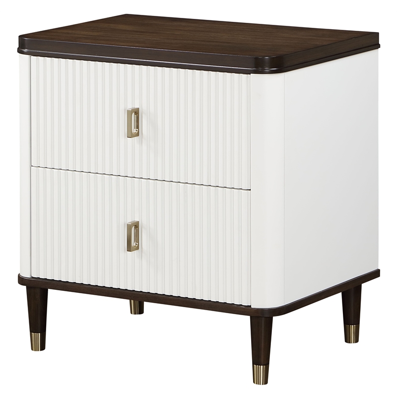Pemberly Row 5-Piece Bedroom Set of 2 Nightstands, Dresser, Mirror, and Queen Bed in White/Brown