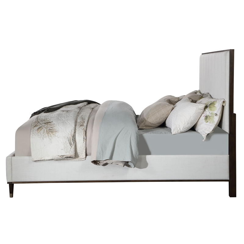 Pemberly Row 5-Piece Bedroom Set of 2 Nightstands, Dresser, Mirror, and Queen Bed in White/Brown
