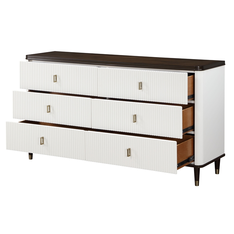 Pemberly Row 5-Piece Bedroom Set of 2 Nightstands, Dresser, Mirror, and Queen Bed in White/Brown