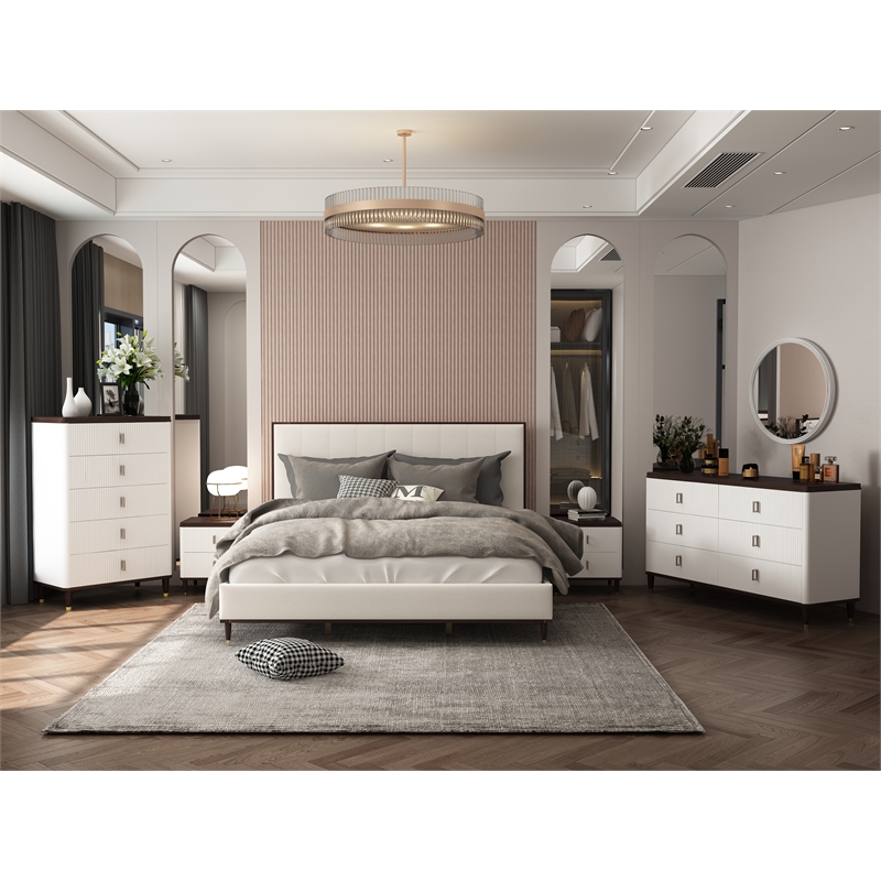 Pemberly Row 5-Piece Bedroom Set of 2 Nightstands, Dresser, Mirror, and Queen Bed in White/Brown