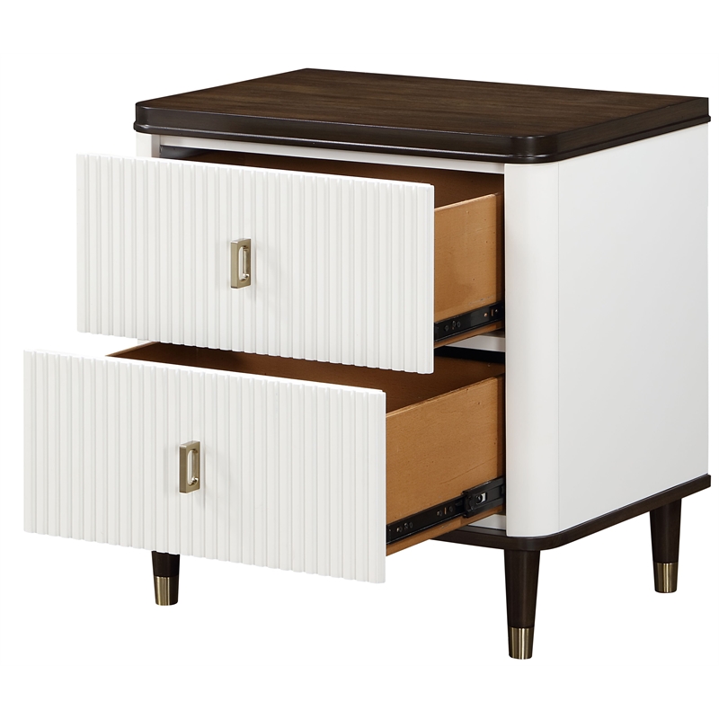 Pemberly Row 5-Piece Bedroom Set of 2 Nightstands, Dresser, Mirror, and Queen Bed in White/Brown