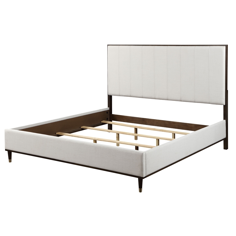 Pemberly Row 5-Piece Bedroom Set of 2 Nightstands, Dresser, Mirror, and Queen Bed in White/Brown