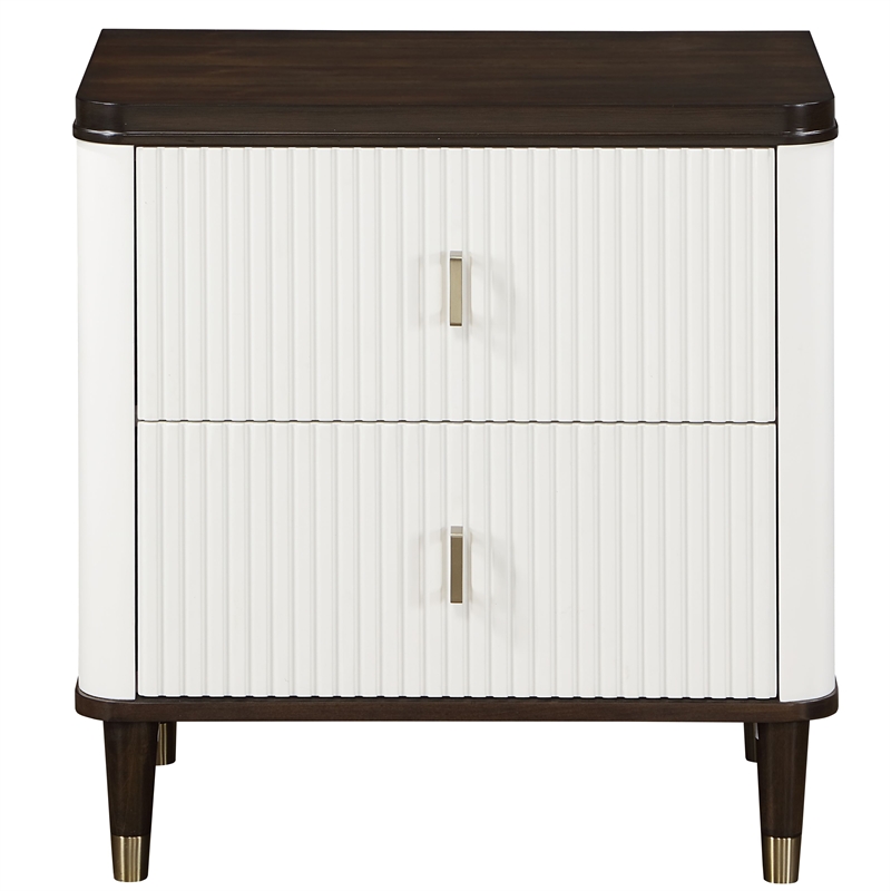 Pemberly Row 5-Piece Bedroom Set of 2 Nightstands, Dresser, Mirror, and Queen Bed in White/Brown