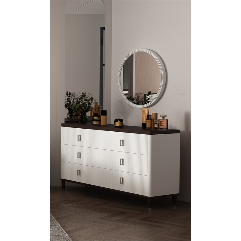 Pemberly Row 5-Piece Bedroom Set of 2 Nightstands, Dresser, Mirror, and Queen Bed in White/Brown