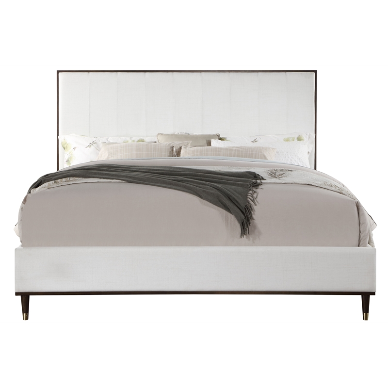 Pemberly Row 5-Piece Bedroom Set of 2 Nightstands, Dresser, Mirror, and Queen Bed in White/Brown