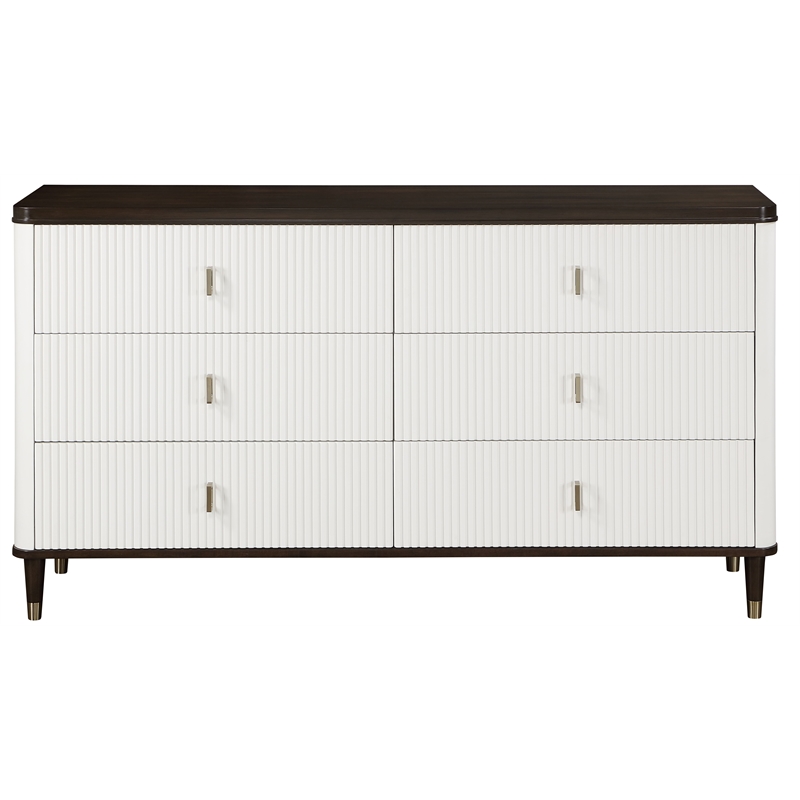 Pemberly Row 5-Piece Bedroom Set of 2 Nightstands, Dresser, Mirror, and Queen Bed in White/Brown