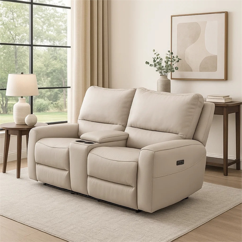 Pemberly Row Beige Top Grain Leather Power Reclining Sofa & Loveseat Set