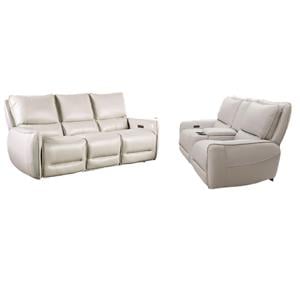 Pemberly Row Beige Top Grain Leather Power Reclining Sofa & Loveseat Set